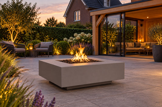 Cabo Square Fire Pit GFRC Concrete by The Outdoor Plus in a garden setting