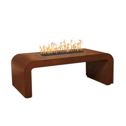 Calabasas 84 inch waterfall metal gas fire table in stainless, corten or copper by The Outdoor Plus