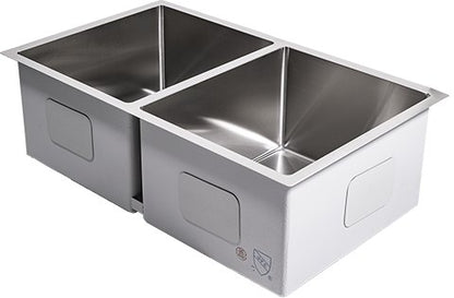 Cameo Diamond 32" 50/50 double bowl stainless steel sink, angled view