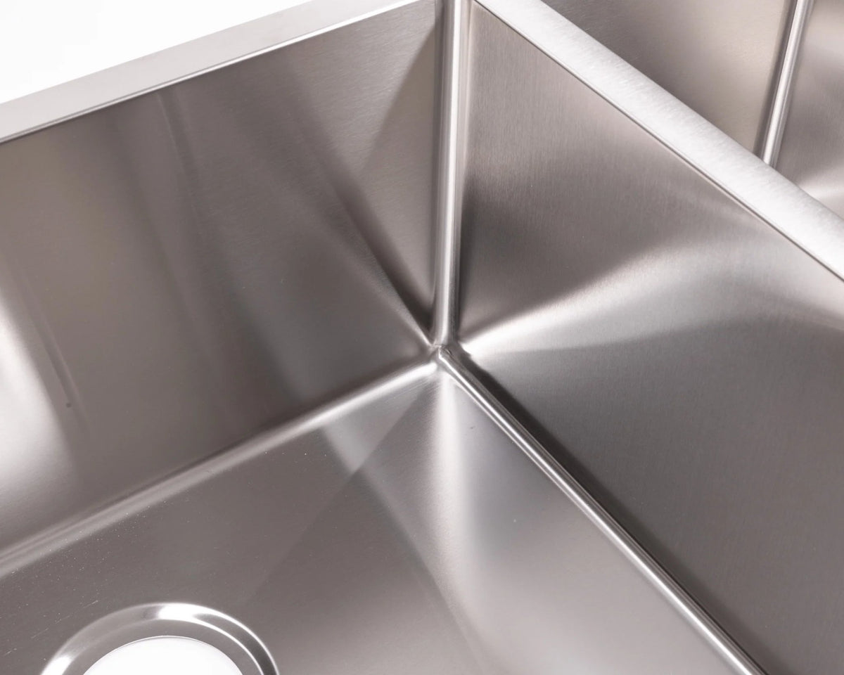 Cameo Diamond double bowl sink CleanCurve R10 radius corner detail, brushed stainless steel