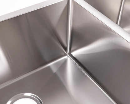Cameo Diamond double bowl sink CleanCurve R10 radius corner detail, brushed stainless steel