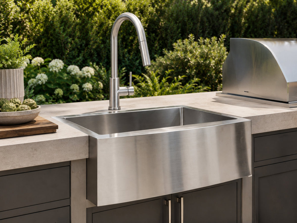 Cameo Diamond front apron stainless steel sink installed in an outdoor kitchen island