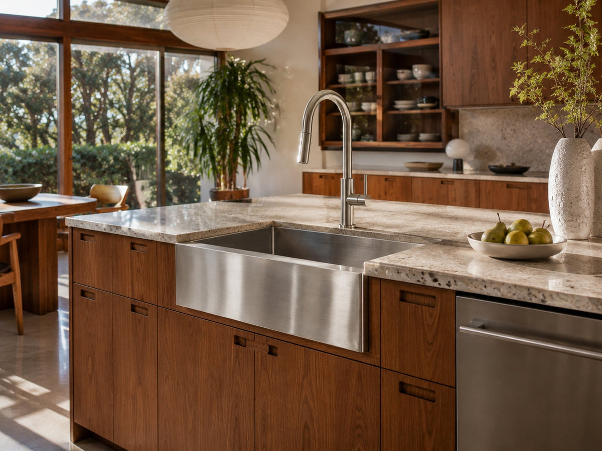 Cameo Diamond front apron stainless steel sink in an indoor kitchen island