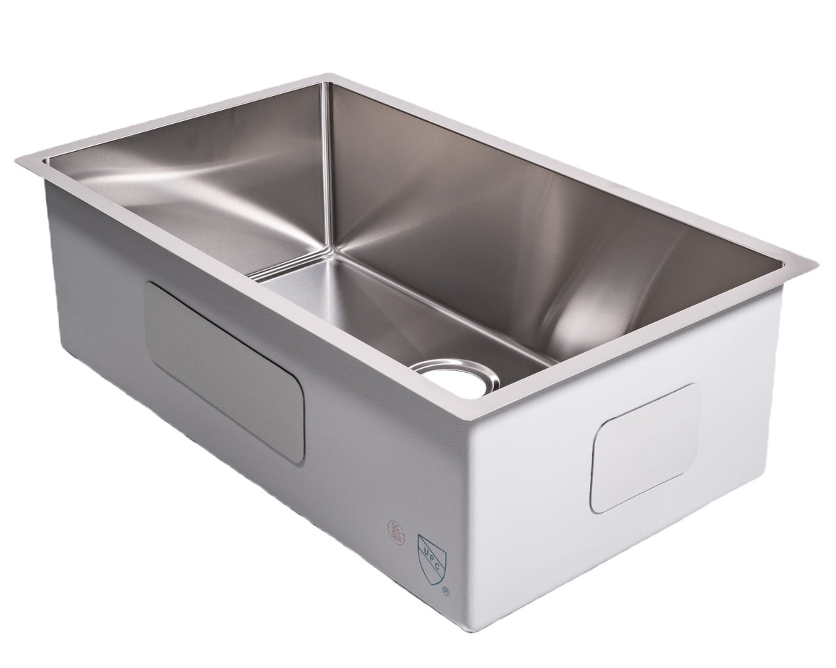 Cameo Diamond single bowl undermount sink in hand-brushed 304 stainless steel, angled view