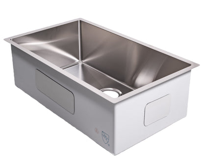 Cameo Diamond single bowl undermount sink in hand-brushed 304 stainless steel, angled view