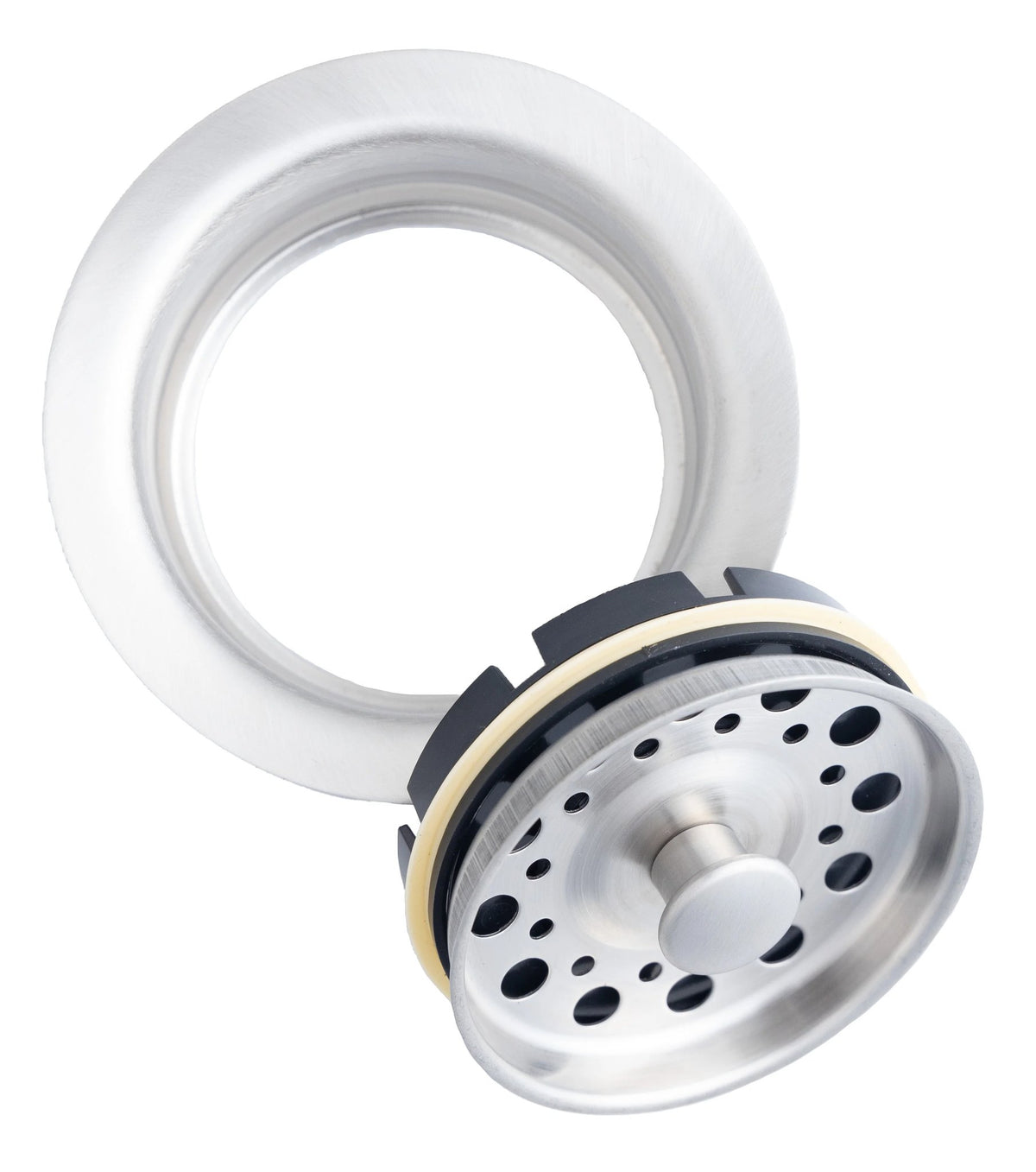Cameo CDF-100PC disposal flange ring and stopper, polished chrome, angled view