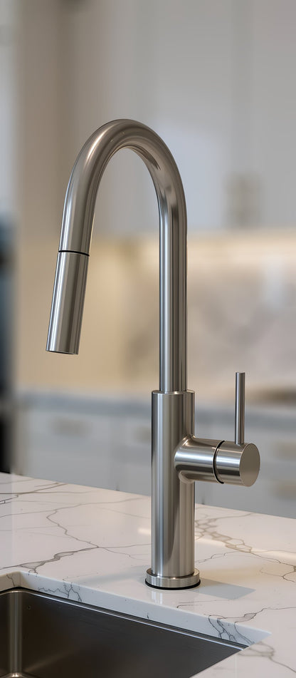 Cameo CKF-200 pull-down kitchen faucet installed over an undermount stainless sink