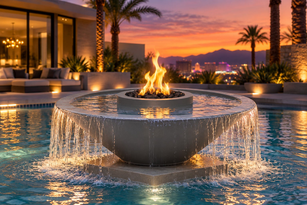 48" diameter x 16" H Cazo 360° Fire & Water Bowl - GFRC by The Outdoor Plus, in a luxury pool setting