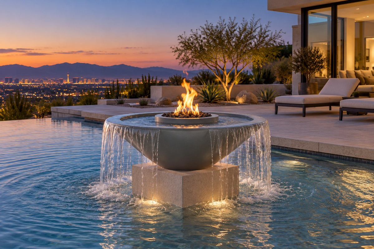 48" diameter x 16" H Cazo 360° Fire & Water Bowl - GFRC by The Outdoor Plus, on a pedestal in a pool