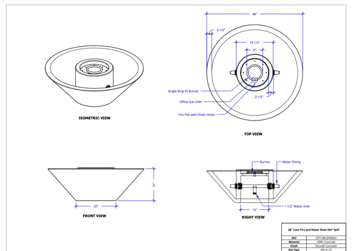 48" diameter x 16" H Cazo 360° Fire & Water Bowl - GFRC dimension drawing from The Outdoor Plus spec sheet