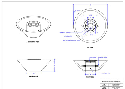 48" diameter x 16" H Cazo 360° Fire & Water Bowl - GFRC dimension drawing from The Outdoor Plus spec sheet
