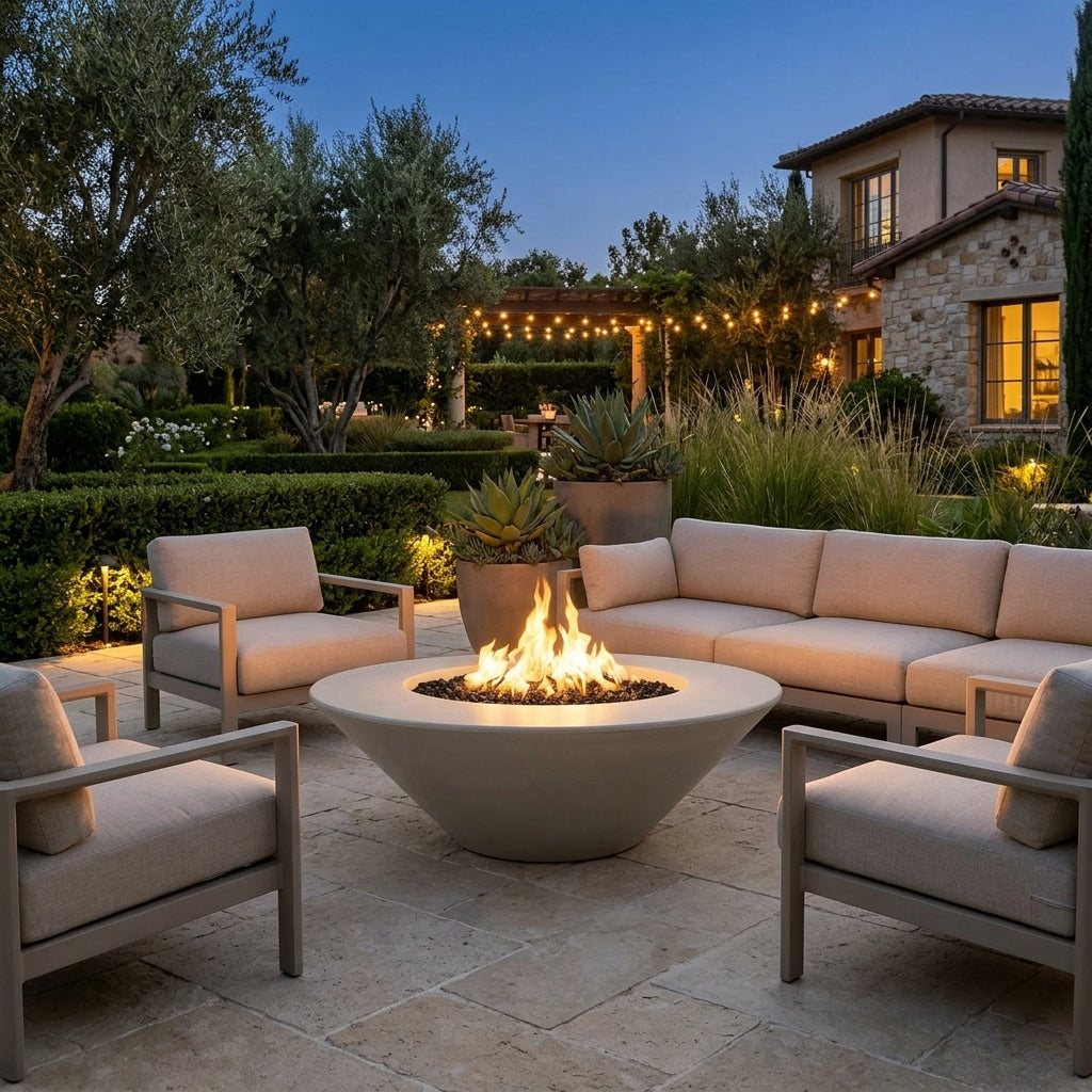 Cazo Fire Pit Wide Ledge - GFRC Concrete - 60" – lifestyle | Lifestyle