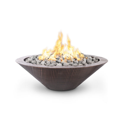 Cazo 48 inch round metal gas fire pit in hammered copper or stainless steel by The Outdoor Plus