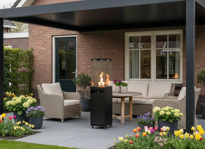 Propane Patio Heater 59" – 360° Glass Flame Tower Outdoor Gas Fireplace, Freestanding, 27,300 BTU, Black