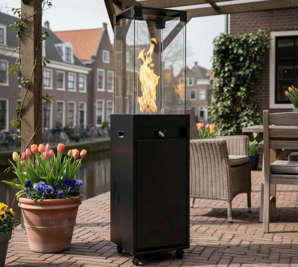 Propane Patio Heater 59" – 360° Glass Flame Tower Outdoor Gas Fireplace, Freestanding, 27,300 BTU, Black