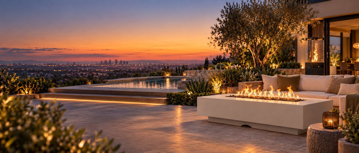 Luxury outdoor gas fire table and glass flame patio heater on a hillside patio at dusk