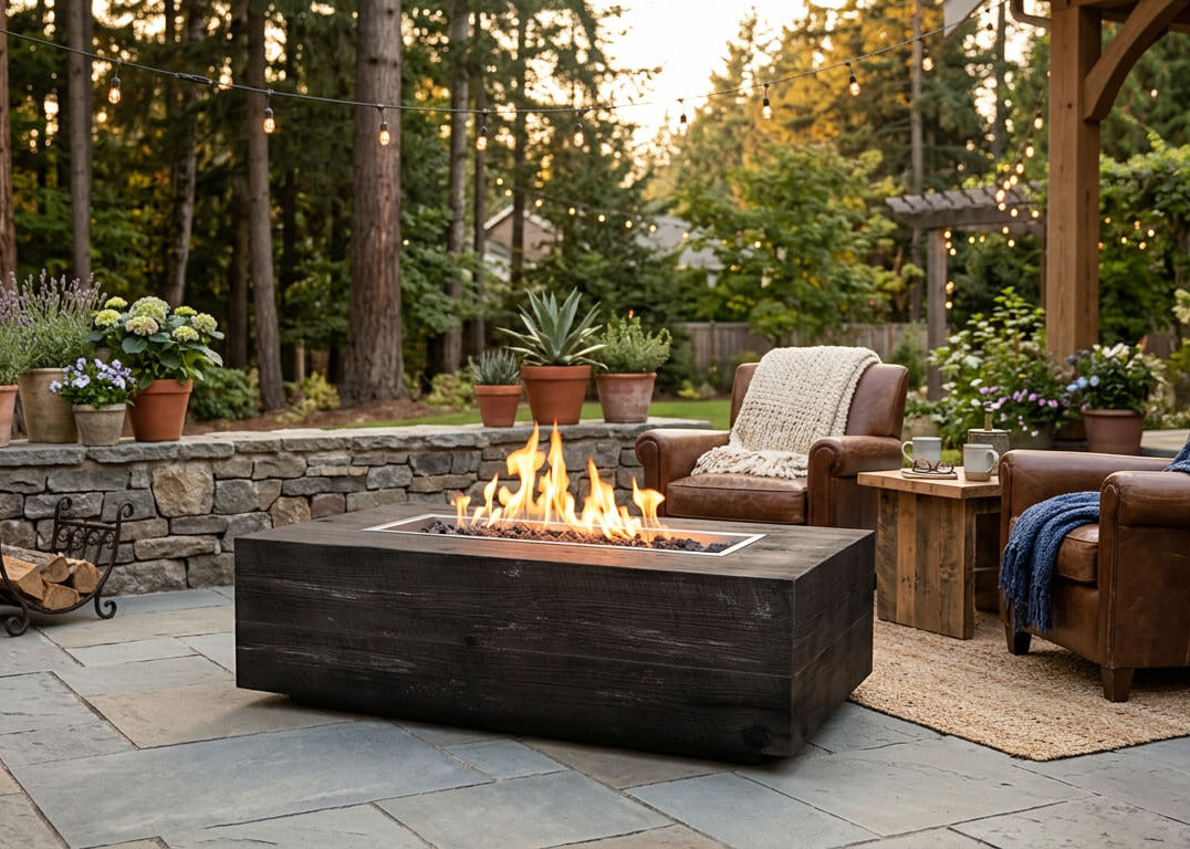 Outdoor patio with fire pit, chairs, and decorative elements in a garden setting.