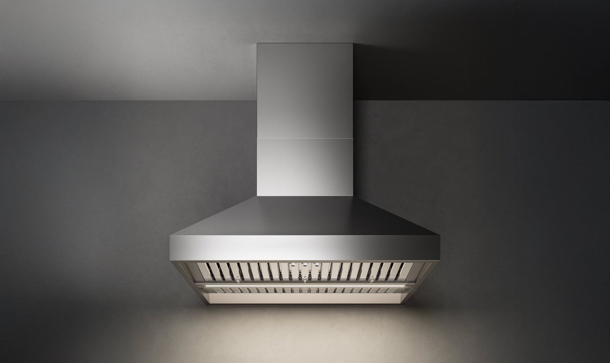 Falmec Pyramid Outdoor wall mount range hood in brushed AISI 304 stainless steel, studio view