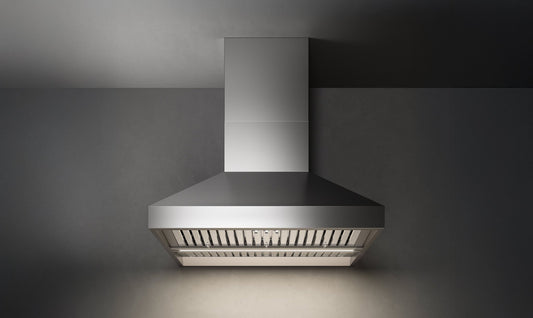 Falmec Pyramid Outdoor wall mount range hood in brushed AISI 304 stainless steel, studio view