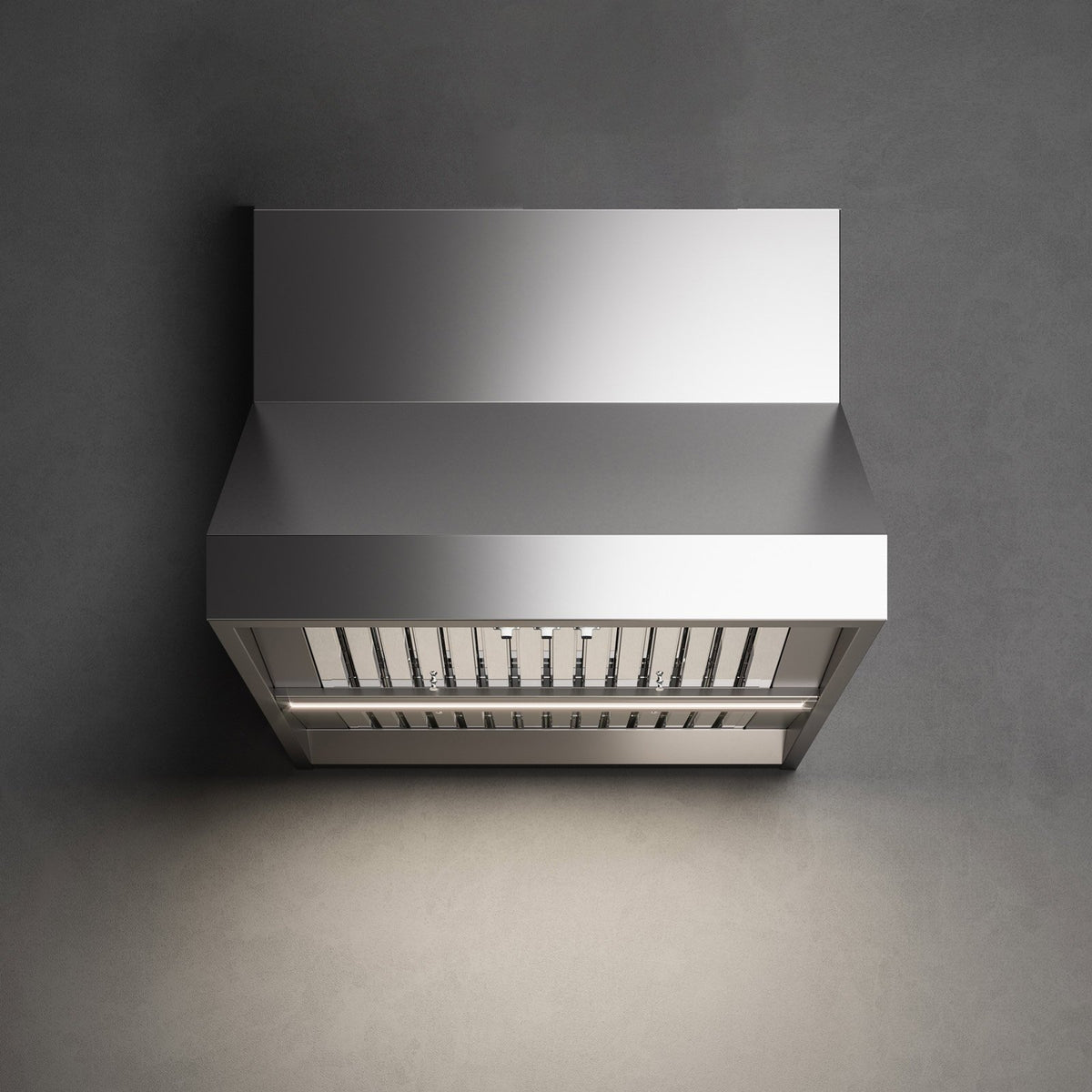 Falmec Zeus Outdoor wall mount range hood in brushed stainless, shown with optional chimney (sold separately)