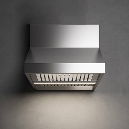 Falmec Zeus Outdoor wall mount range hood in brushed stainless, shown with optional chimney (sold separately)