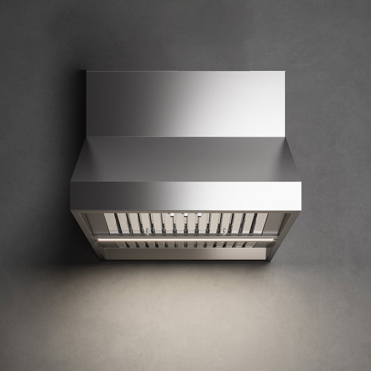 Falmec Zeus Outdoor wall mount range hood in brushed stainless, shown with optional chimney (sold separately)