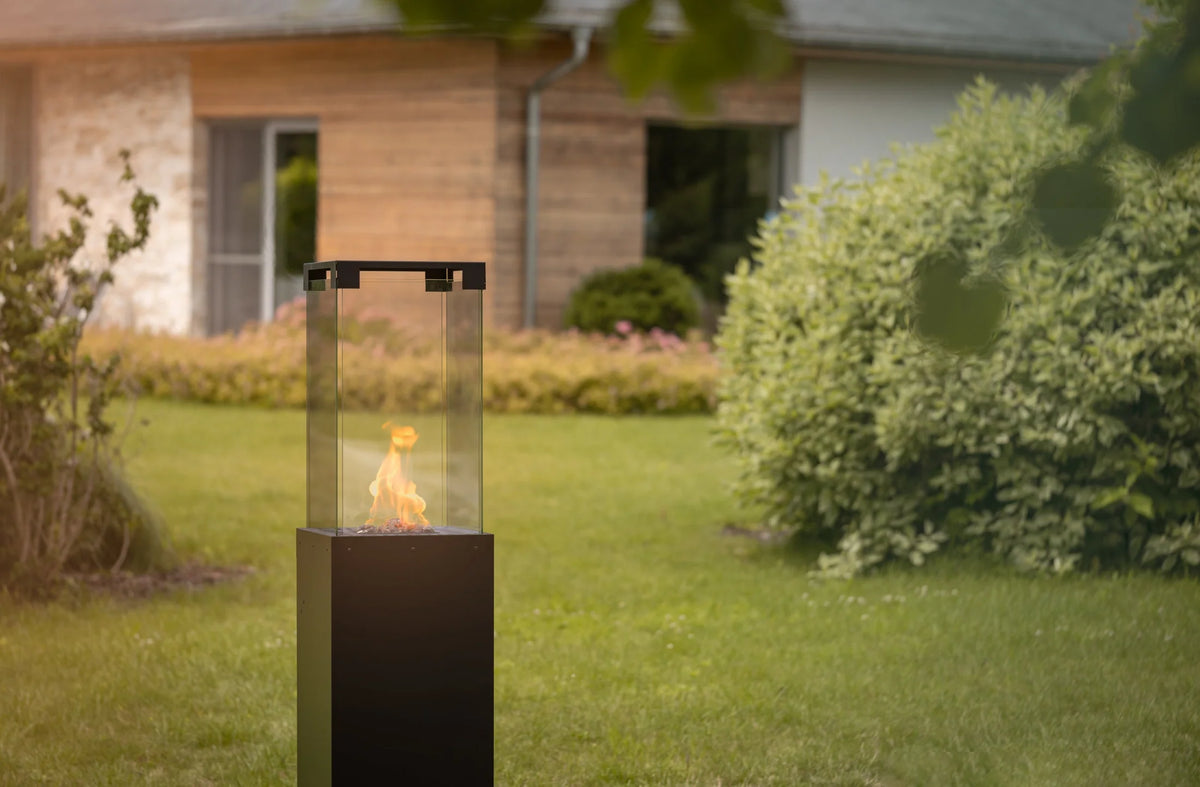 Propane Patio Heater 59" – 360° Glass Flame Tower Outdoor Gas Fireplace, Freestanding, 27,300 BTU, Black