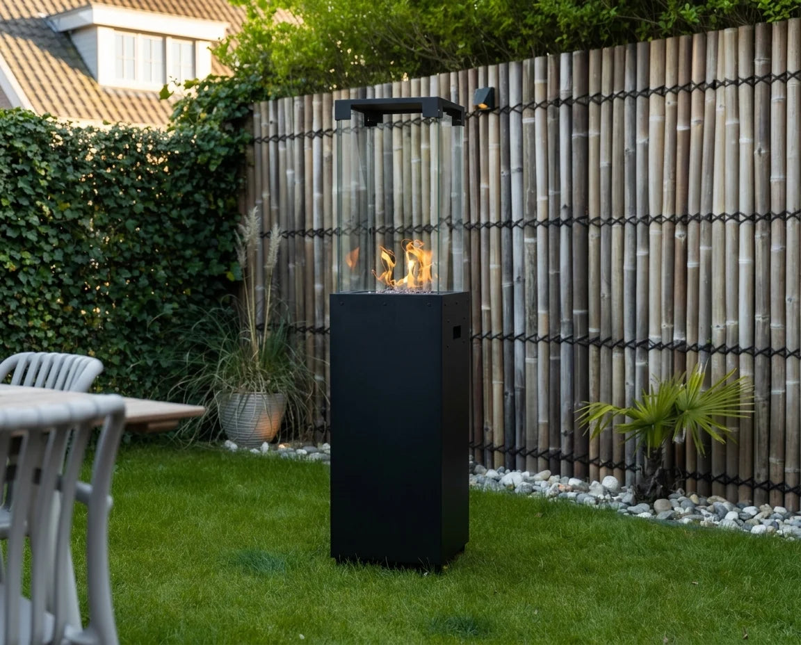 Propane Patio Heater 59" – 360° Glass Flame Tower Outdoor Gas Fireplace, Freestanding, 27,300 BTU, Black