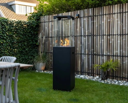 Propane Patio Heater 59" – 360° Glass Flame Tower Outdoor Gas Fireplace, Freestanding, 27,300 BTU, Black
