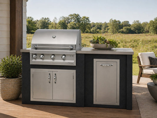 Haven 72" outdoor kitchen base in Charcoal, shown with Artisan 32" grill and doors (sold separately)