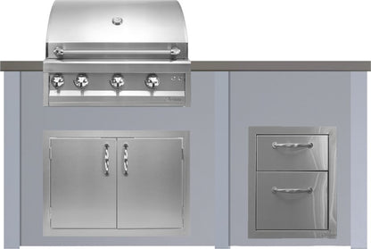 Haven 72" countertop in Concrete on Pebble Gray base, shown with Artisan 32" grill and drawers (sold separately)
