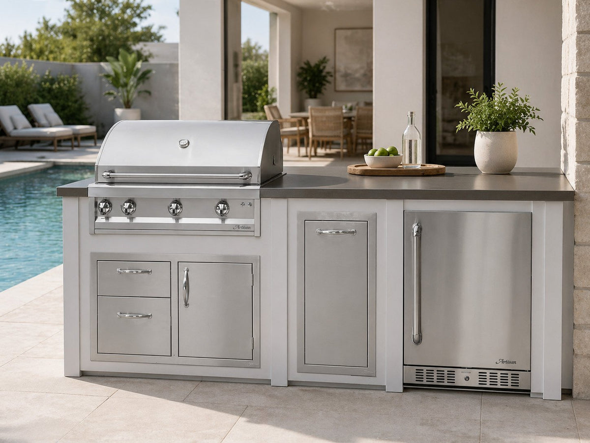 Haven 96" outdoor kitchen base in Pebble Gray, shown with Artisan 36" grill and doors (sold separately)