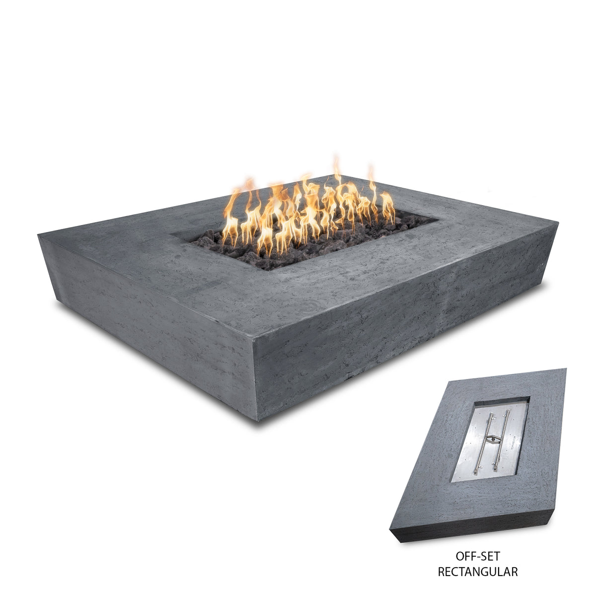 Heiko rectangular GFRC concrete gas fire pit with floating base by The Outdoor Plus