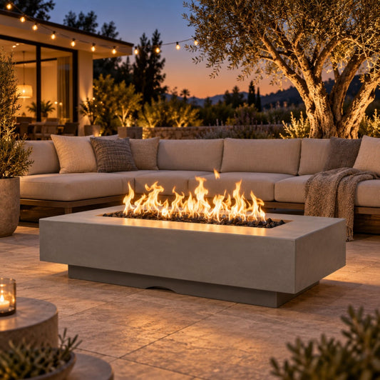 Del Mar GFRC concrete gas fire pit on a backyard patio at dusk – lifestyle digital rendering, The Outdoor Plus
