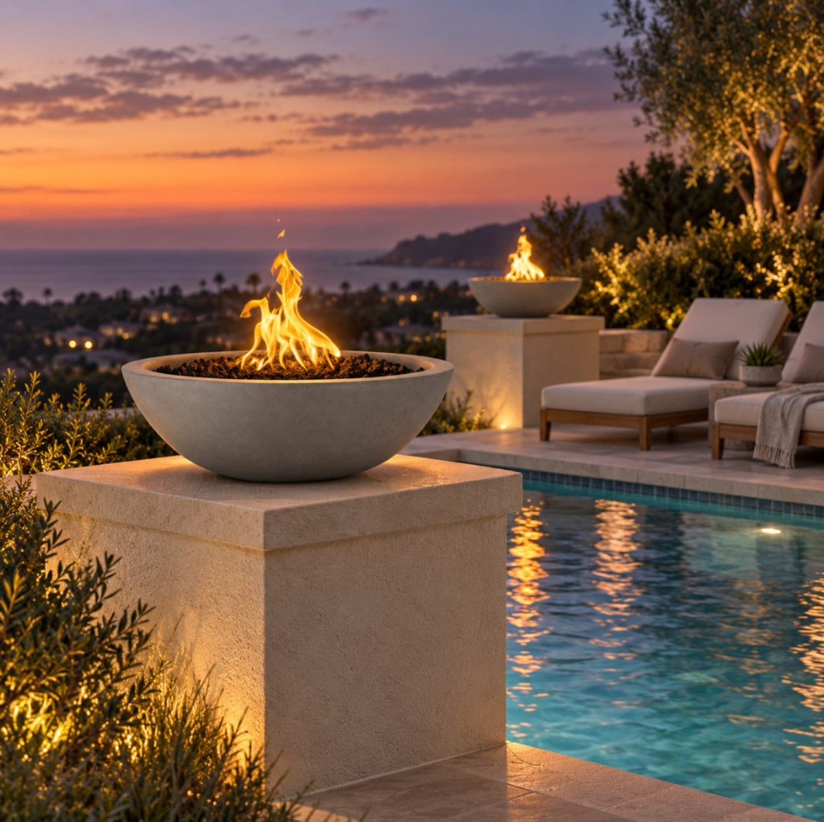 Sedona fire bowl on a poolside pillar at sunset – lifestyle digital rendering, The Outdoor Plus