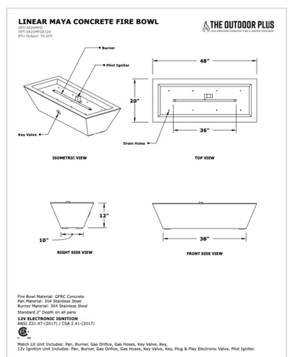 48" x 20" Linear Maya Fire Bowl - GFRC dimension drawing from The Outdoor Plus spec sheet