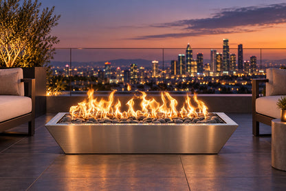 48" x 20" Linear Maya Fire Bowl - Stainless Steel by The Outdoor Plus, in a luxury rooftop terrace setting