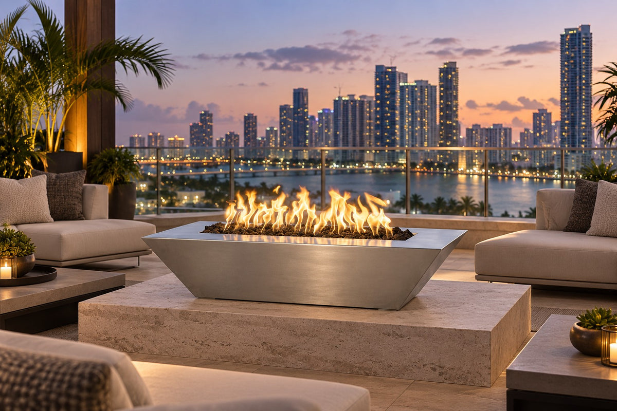 48" x 20" Linear Maya Fire Bowl - Stainless Steel by The Outdoor Plus, on a hotel rooftop lounge