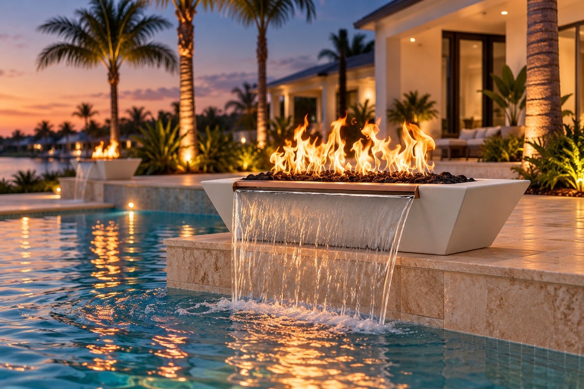 48" x 20" Linear Maya Fire & Water Bowl - GFRC by The Outdoor Plus, in a luxury pool setting
