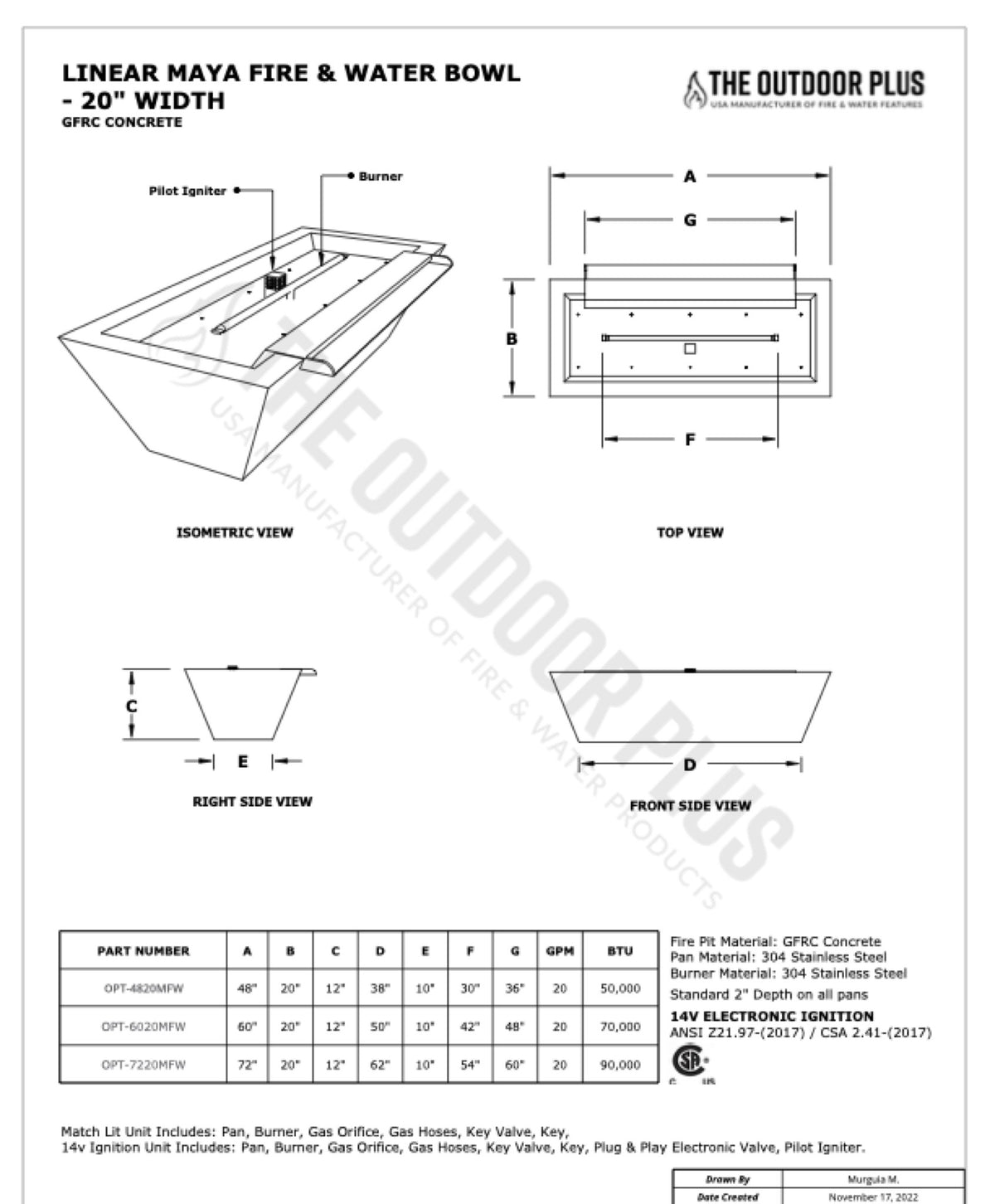48" x 20" Linear Maya Fire & Water Bowl - GFRC dimension drawing from The Outdoor Plus spec sheet