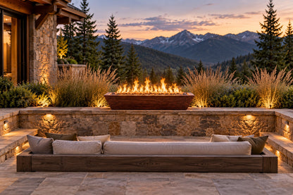 48" x 30" Linear Maya Fire Bowl - Hammered Copper by The Outdoor Plus, on a stone planter wall