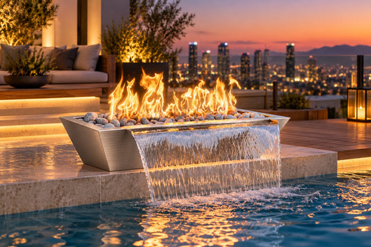 48" x 30" Linear Maya Fire & Water Bowl - Stainless Steel by The Outdoor Plus, in a luxury rooftop pool setting