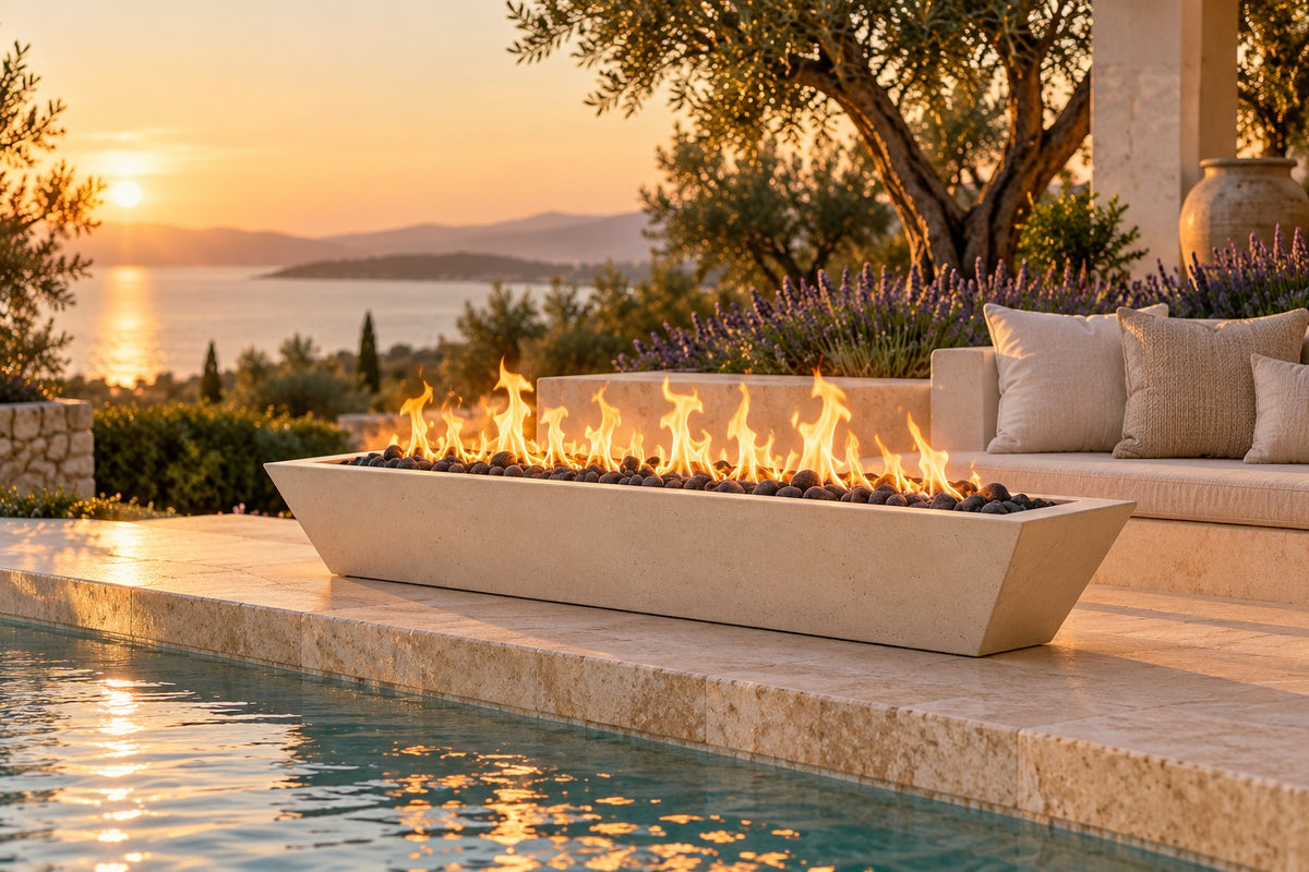 60" x 20" Linear Maya Fire Bowl - GFRC by The Outdoor Plus, vanilla gfrc finish in a luxury patio setting