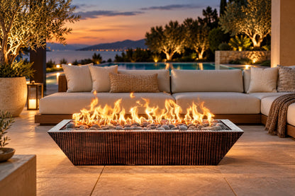 60" x 20" Linear Maya Fire Bowl - Hammered Copper by The Outdoor Plus, in a luxury patio setting