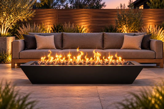 60" x 20" Linear Maya Fire Bowl - Powder Coat by The Outdoor Plus, matte black finish in a luxury patio setting