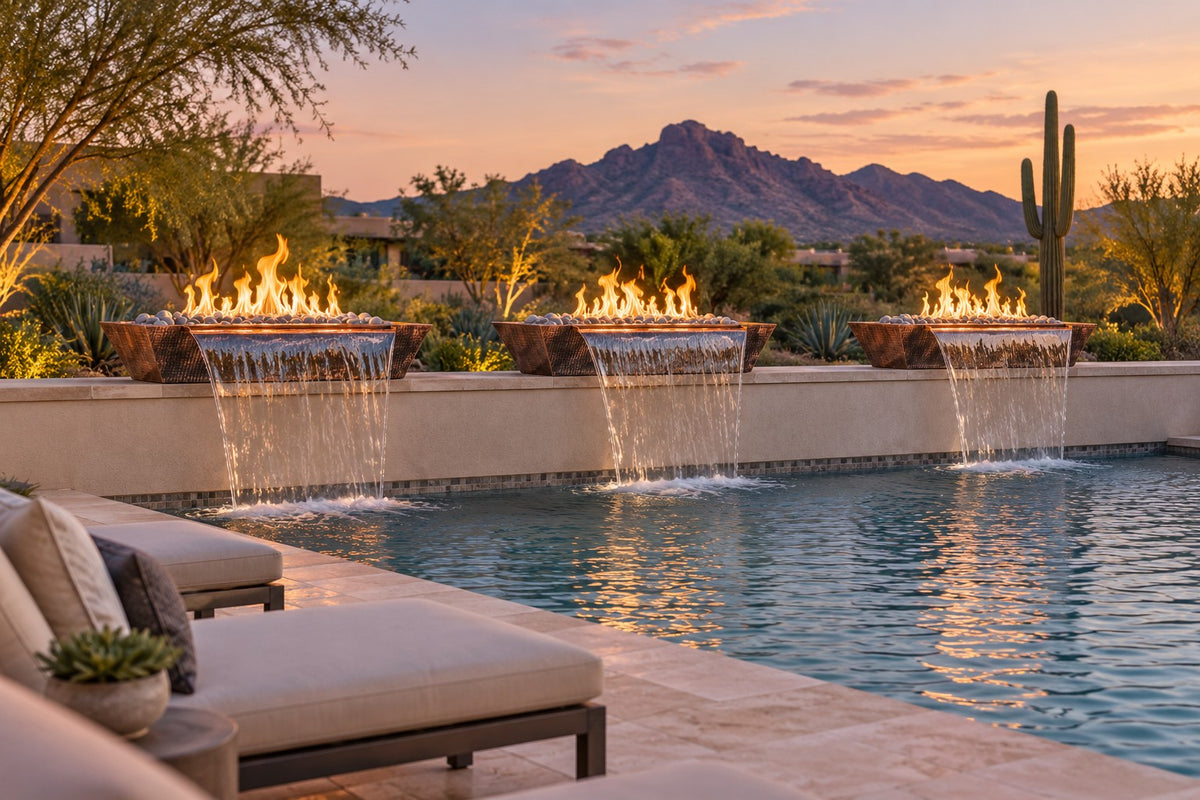 60" x 20" Linear Maya Fire & Water Bowl - Hammered Copper by The Outdoor Plus, installed in a row on a pool wall