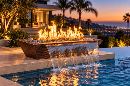 60" x 20" Linear Maya Fire & Water Bowl - Hammered Copper by The Outdoor Plus, in a luxury infinity pool setting