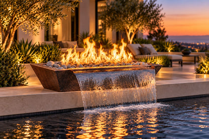 60" x 30" Linear Maya Fire & Water Bowl - Hammered Copper by The Outdoor Plus, in a luxury courtyard setting