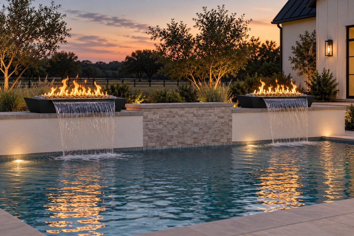 60" x 30" Linear Maya Fire & Water Bowl - Powder Coat by The Outdoor Plus, pair installed on a pool wall
