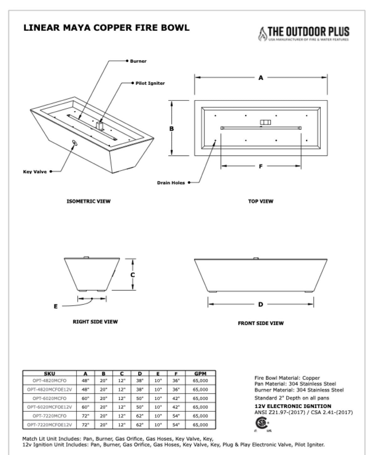 72" x 20" Linear Maya Fire Bowl - GFRC dimension drawing from The Outdoor Plus spec sheet